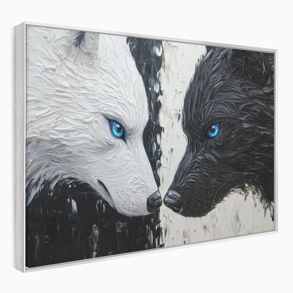 Tablou canvas cu tablou canvas cu doi lupi, in rama de aluminiu argintiu